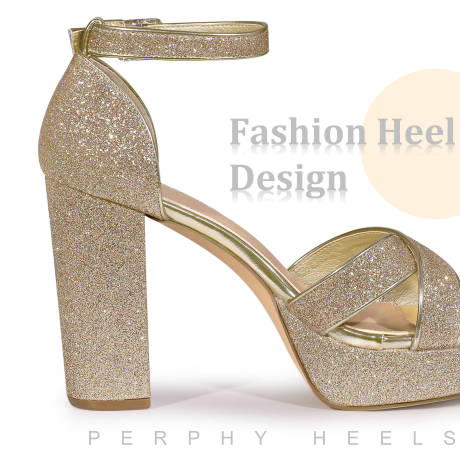 Allegra K- Glitter Platform Heel Crisscross Strap Sandals