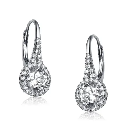 Genevive Sterling Silver with Clear Round Cubic Zirconia Partially Paved and Haloed Solitaire Drop Earring