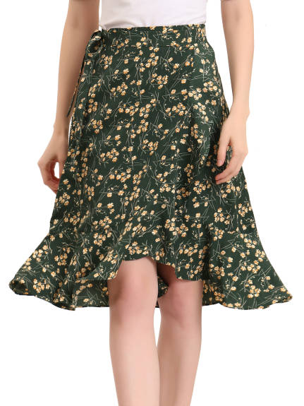 Allegra K - Floral Ruffle Hem Self Tie Wrap Skirt