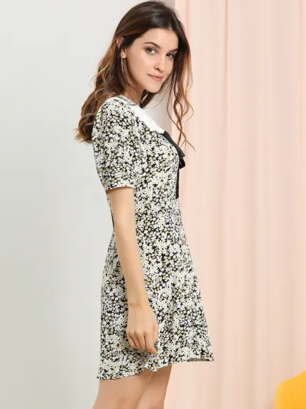 Allegra K- Floral Bow Tie Short Sleeve Shirt Dress