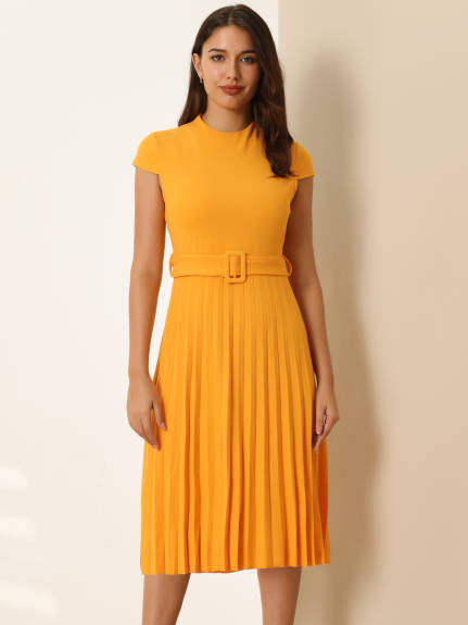 Hobemty- Mock Neck Belted A-Line Pleated Dress