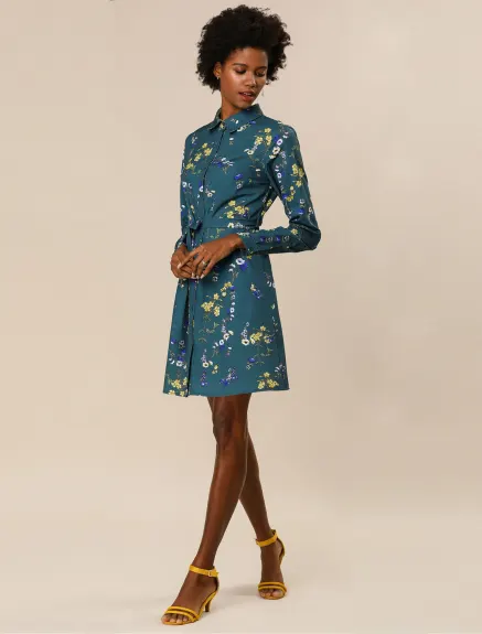 Allegra K- Lapel Button Down Floral Belted Shirt Dress