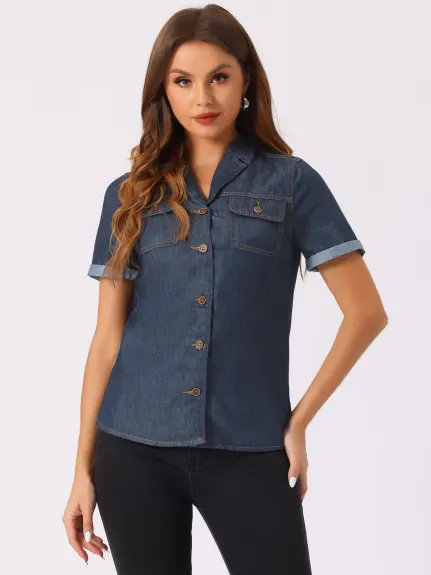 Allegra K- Button Down Notched Collar Jean Shirt