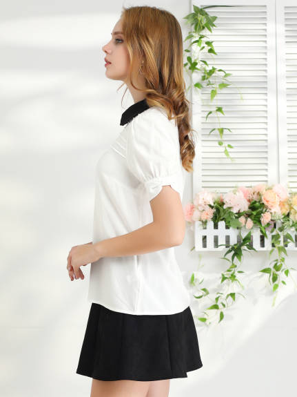 Allegra K- Pan Collar Puff Short Sleeve Pleated Blosue