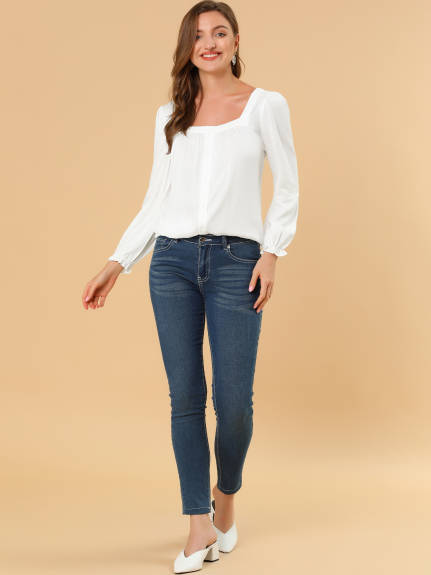 Allegra K - Tie Back Puff Sleeve Square Neck Button Blouse