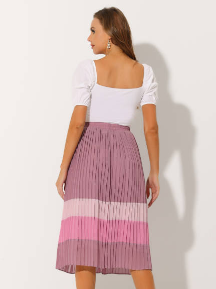 Allegra K- A-Line Color Block Pleated Chiffon Midi Skirt