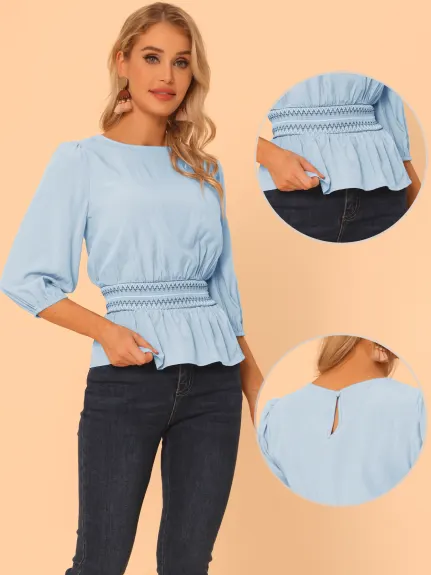 Allegra K- Blouse en Peplum manches 3/4 taille Smocked