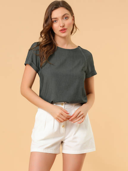 Allegra K- Round Neck Raglan Sleeve Side Slit Blouse