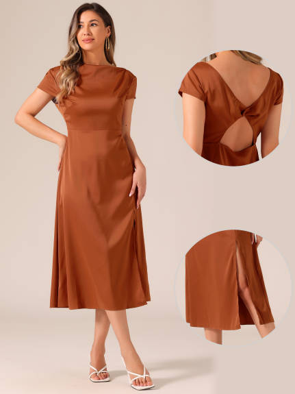 Allegra K - Satin Cowl Neck Cap Sleeve Midi Dress