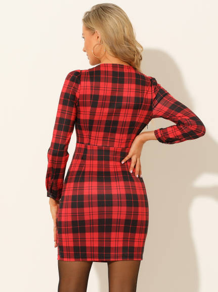 Allegra K- Square Neck Long Puff Sleeve Mini Plaid Dress