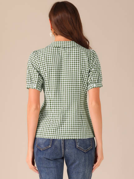 Allegra K - Puff Sleeve Peter Pan Collar Gingham Shirt