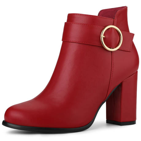 Allegra K - Round Toe Circle Buckle Heeled Ankle Boots