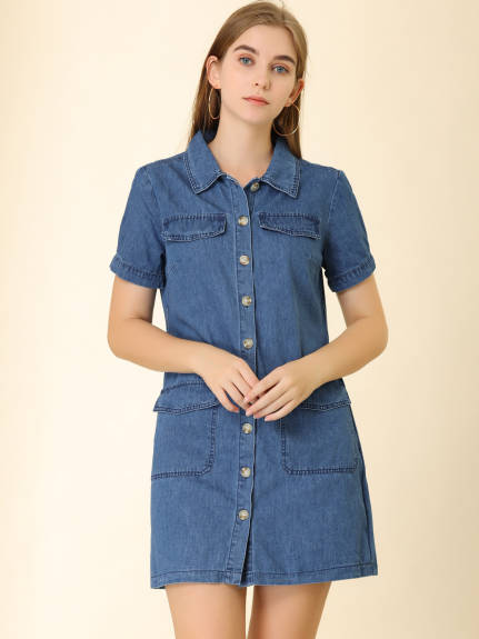 Allegra K- Belted Jean Denim ShirtDress