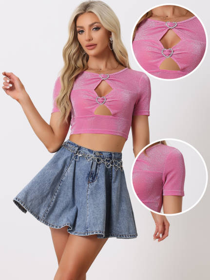 Allegra K - Glitter Cut Out Crop Tops