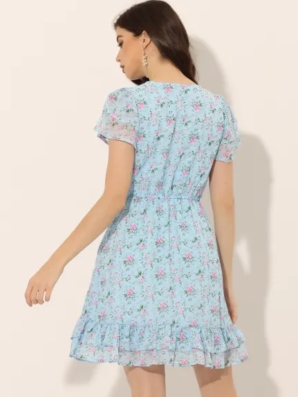 Allegra K- robe en mousseline de soie florale à manches volants col V