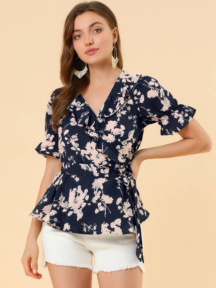 Allegra K- Floral Short Sleeve Ruffled Peplum Blouse