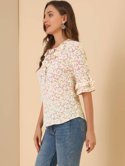 Allegra K - Tie Neck Elbow Sleeve Floral Chiffon Blouse