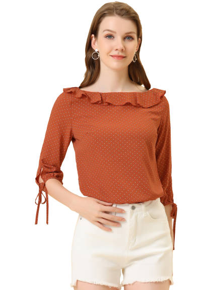 Allegra K- Ruffled Neck Half Sleeve Sheer Polka Dots Blouse