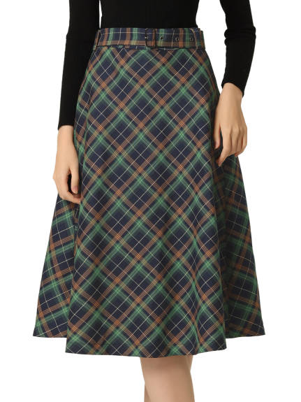 Allegra K- Plaid Tartan Belted A-Line Midi Skirt