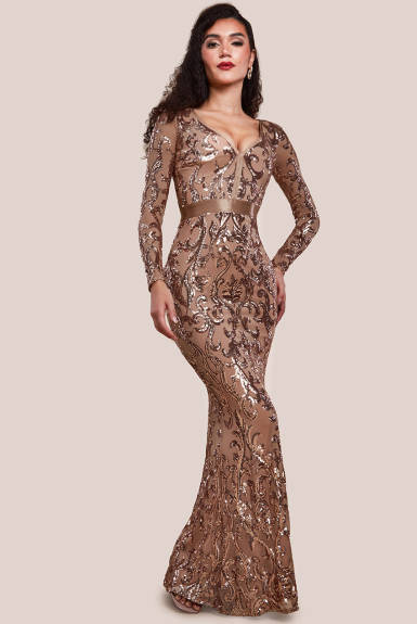 Goddiva -  Embroidered Sequin & Mesh Maxi Dress  - Plus size