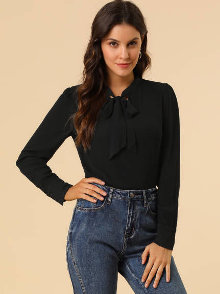 Allegra K - Bow Tie Neck Long Sleeve Blouse