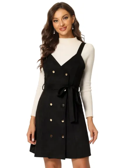 Allegra K- Faux Suede V Neck Button Down Belted Pinafore Overall Dress