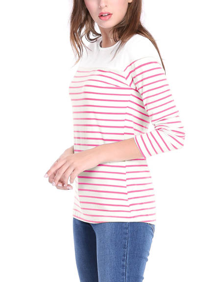 Allegra K- Color Block Long Sleeve Stripe T-Shirt