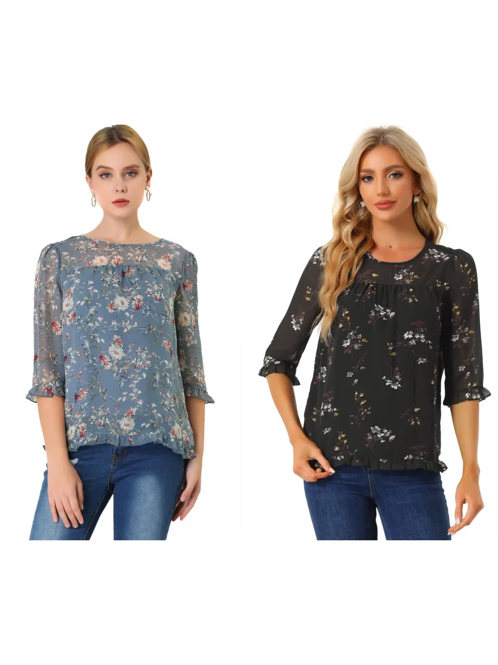 Allegra K- Blouse florale en mousseline à manches 3/4 et à volants