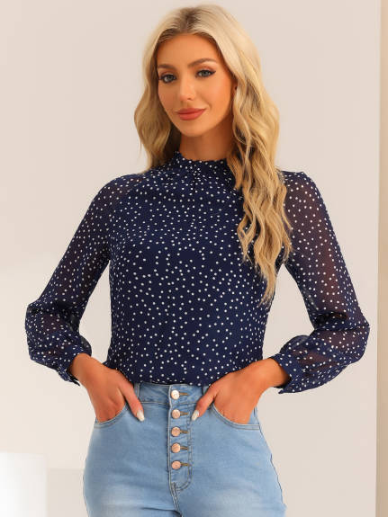 Allegra K - Polka Dots Tie Back Long Sleeve Blouse