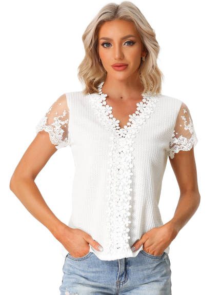 Allegra K - T-shirt col V en dentelle au crochet