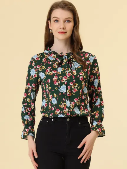 Allegra K- Floral Bow Tie Neck Ruffled Collar Blouse