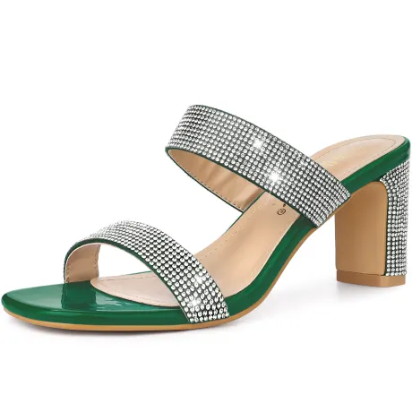 Allegra K - Square Toe Rhinestone Heeled Slide Sandals