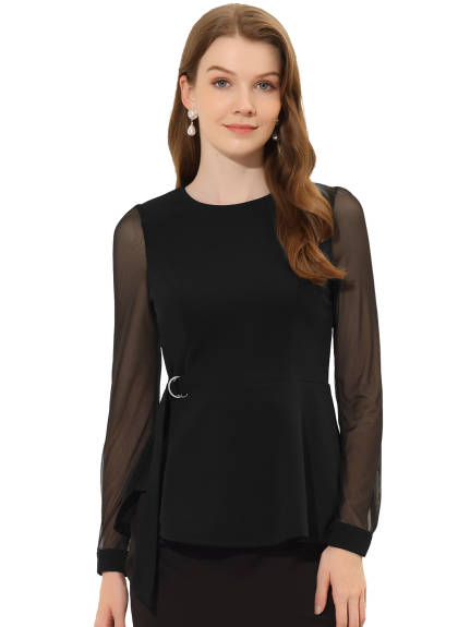 Allegra K- Mesh Sheer Round Neck Belted Peplum Top