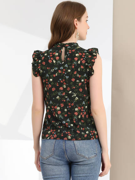 Allegra K - Casual Stand Collar Sleeveless Summer Floral Top