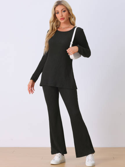 Cheibear - Ribbed Knit Long Sleeve Lounge Pajama Set