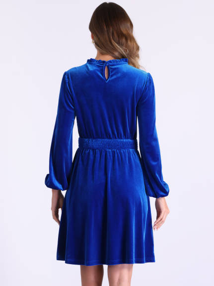 Allegra K - Velvet Smocked Waistline Long Sleeve Dress