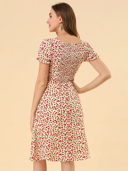 Allegra K- Floral Sweetheart Cherry Print Flare Dress