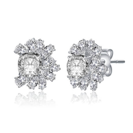 Genevive Sterling Silver White Gold Plated with Clear Cubic Zirconia Flower Cluster Stud Earrings