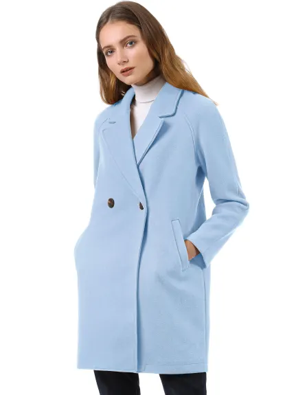 Allegra K- Double Breasted Lapel Raglan Sleeve Mid Length Overcoat