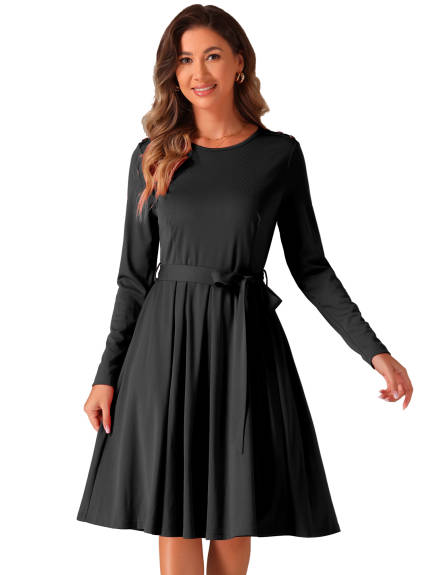 Allegra K - Long Sleeve Tie Waist Pleated Business Dress