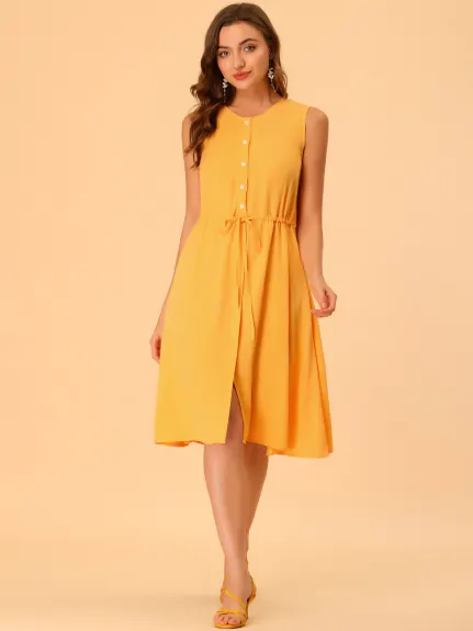 Allegra K- Sleeveless Button Front Drawstring Dress