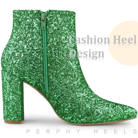 Allegra K - Pointed Toe Heeled Glitter Sparkly Ankle Boots