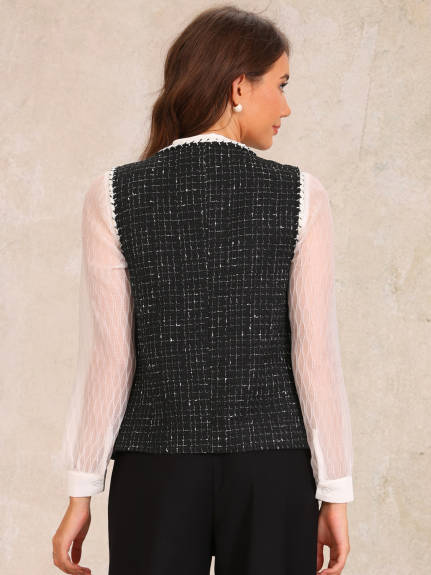 Allegra K - Veste Gilet à Boutons en Tweed à Carreaux