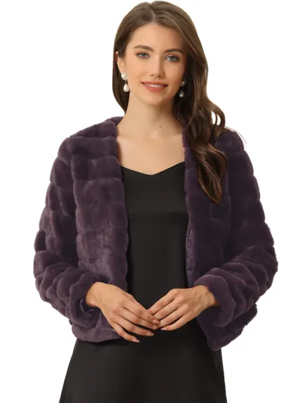 Allegra K- Cropped Collarless Faux Fur Fluffy Coat Jacket