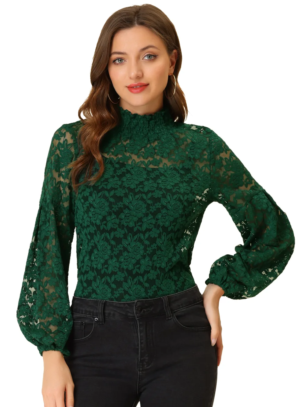 Allegra K- Blouse transparente en dentelle florale à col montant et volants