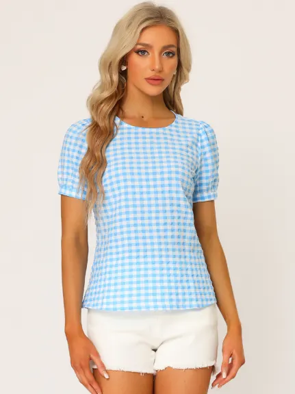 Allegra K- Gingham Puff Short Sleeve Vintage Blouse