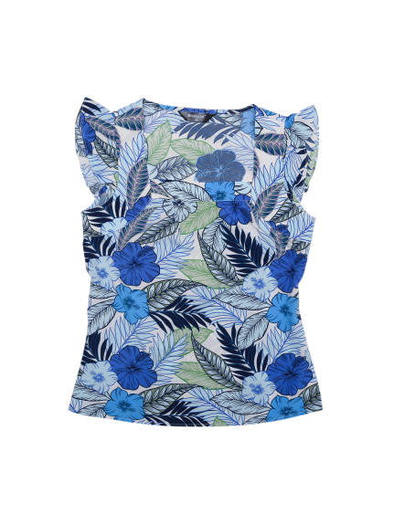 Allegra K - Printed Ruffle Sleeve Tropical Tank Top