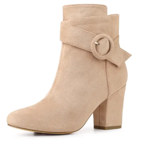 Allegra K - Round Toe Side Zip Buckle Block Heel Ankle Boots