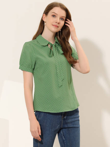 Allegra K- Retro Dots Short Sleeve Pan Collar Chiffon Blouse