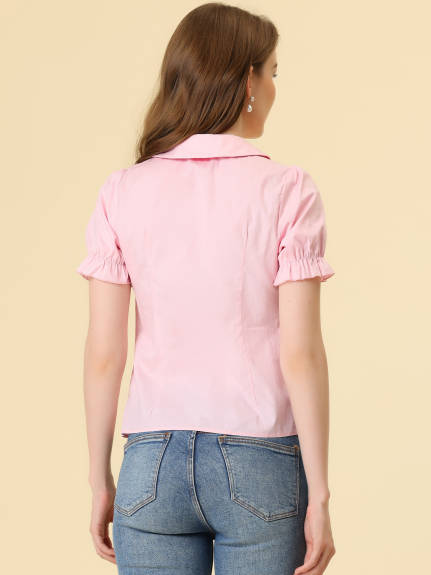 Allegra K- Puff Short Sleeve Tie Neck Shirt